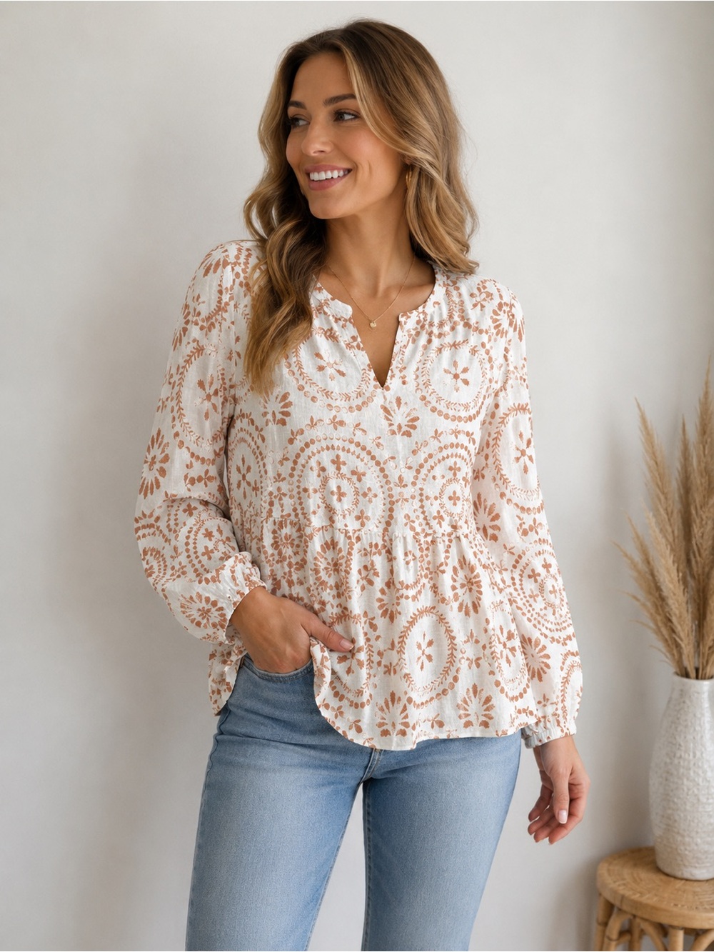 SHEIN Boho Chic Cream Blouse with Tan Floral Medallion Print